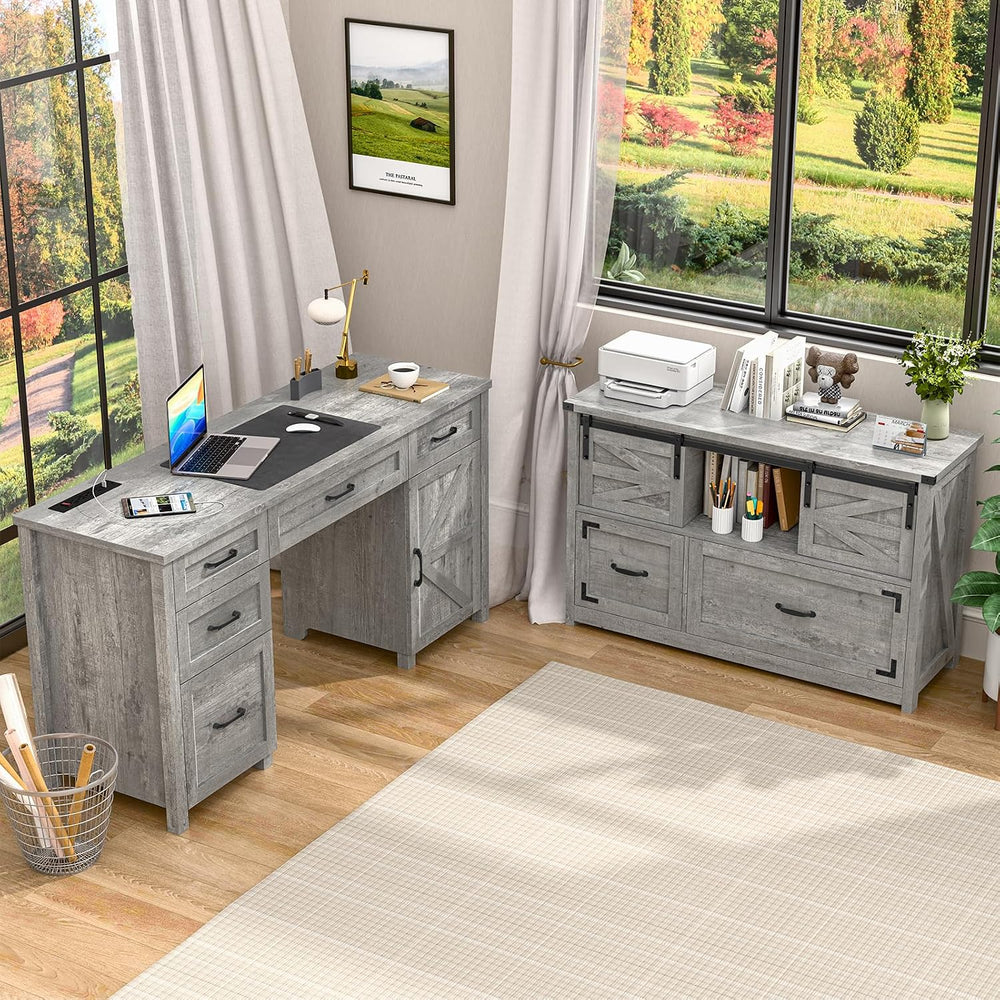 Halitaa Lateral File Cabinets 2 Drawer with Sliding Barn Doors, Grey | Farmho...