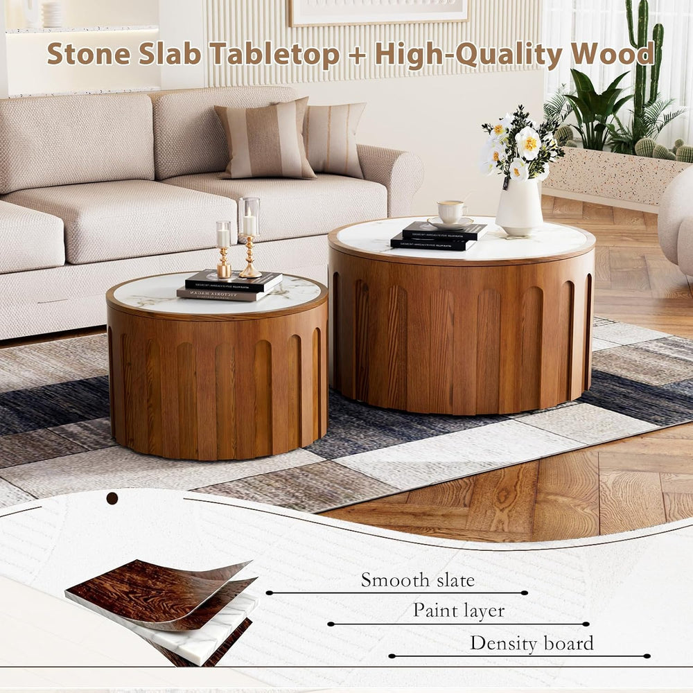 Modern Fluted Nesting Coffee Table Set of 2 | 26.4 in & 19.7 in Round Dru...