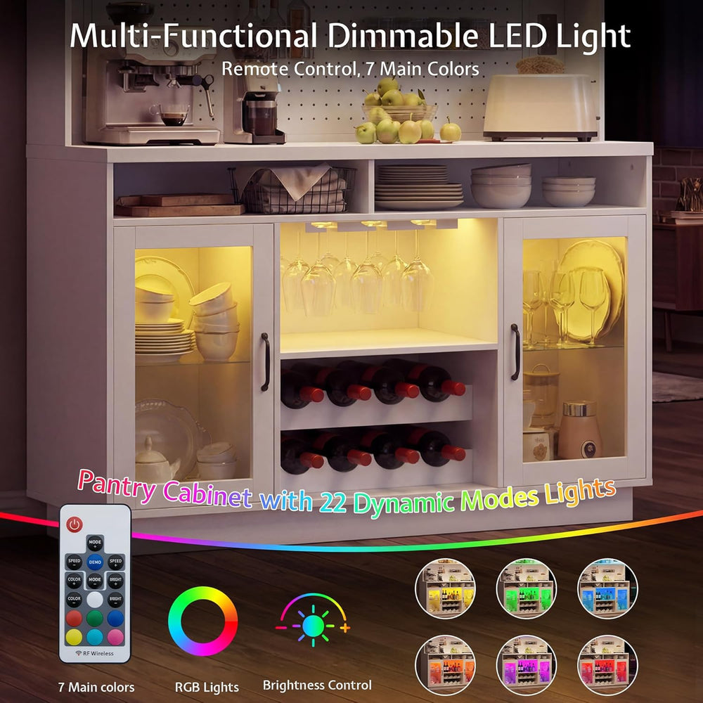 71" Tall Kitchen Pantry Storage Cabinet with LED Lights & Charging S...