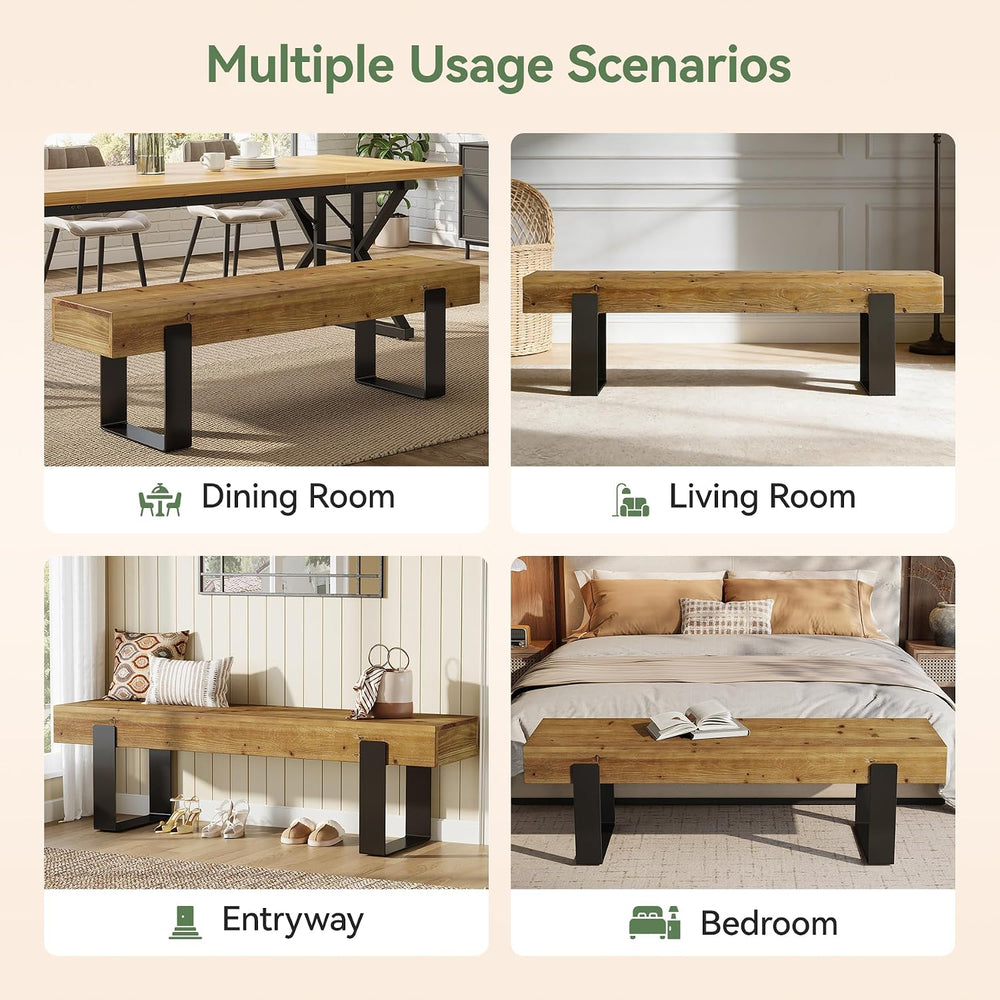 Solid Wooden Entryway Bench, 63" Farmhouse Indoor Shoe Bench with Metal ...