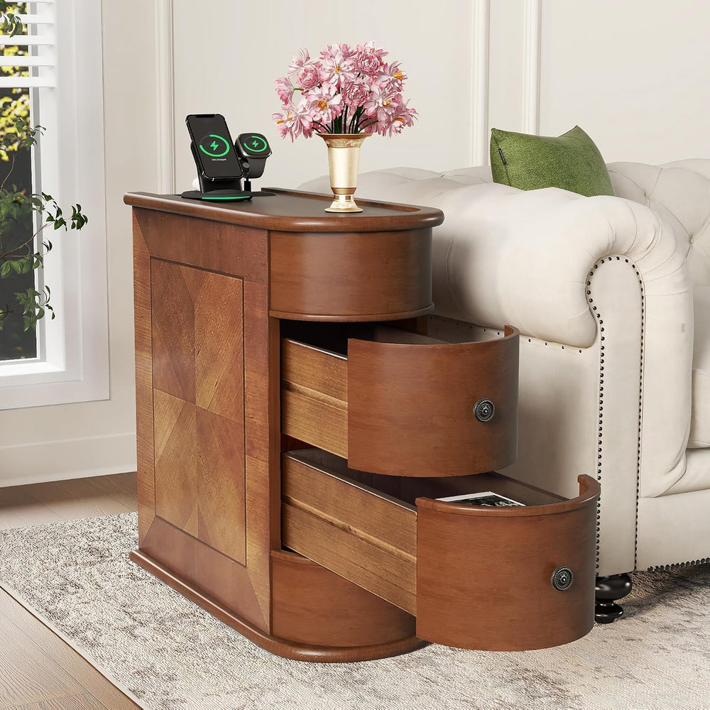 Narrow End Table with Charging Station, Skinny Side Table for Living Room, Sl...