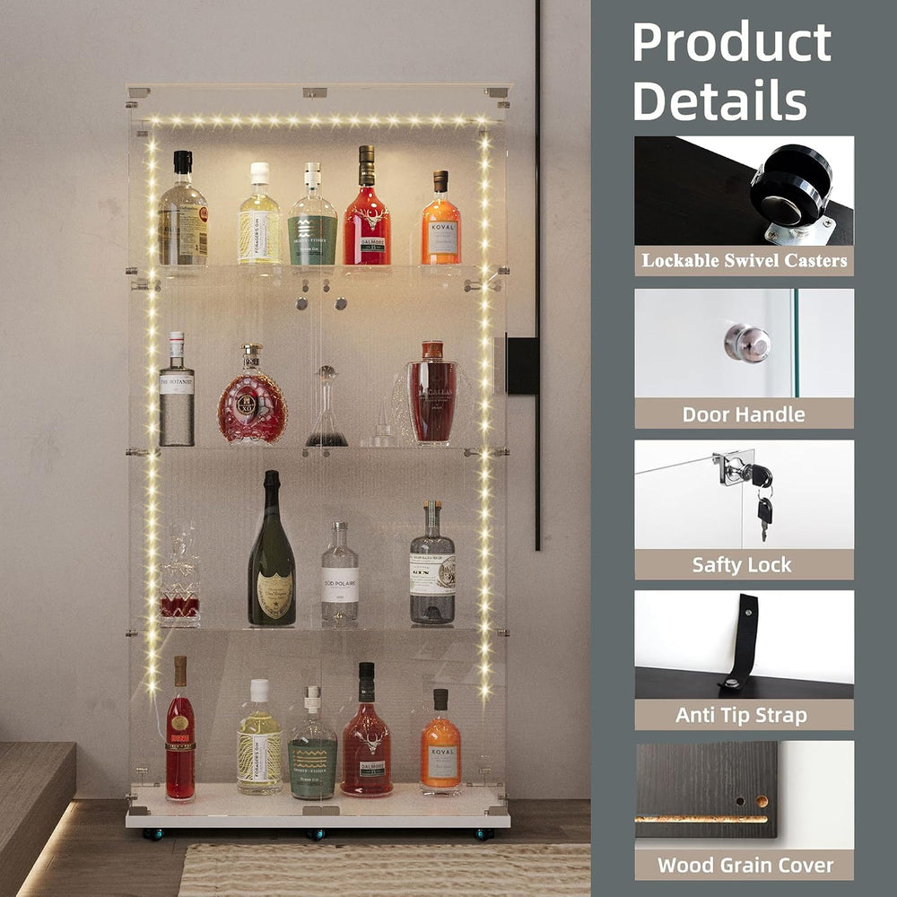 Glass Display Cabinet with LED Light Strip, 4 Shelves with 2 Doors, Glass Top...