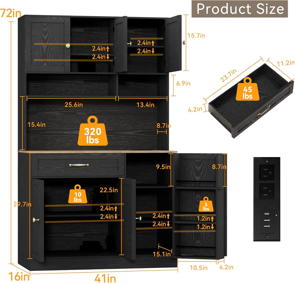 FJTJBSI 72" Kitchen Pantry Cabinet with LED Light and Charging Station T...