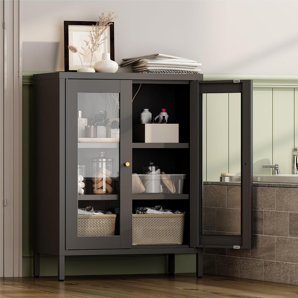 YAUWOH Metal Bathroom Cabinet with Glass Doors,Bathroom Floor Storage Cabinet...