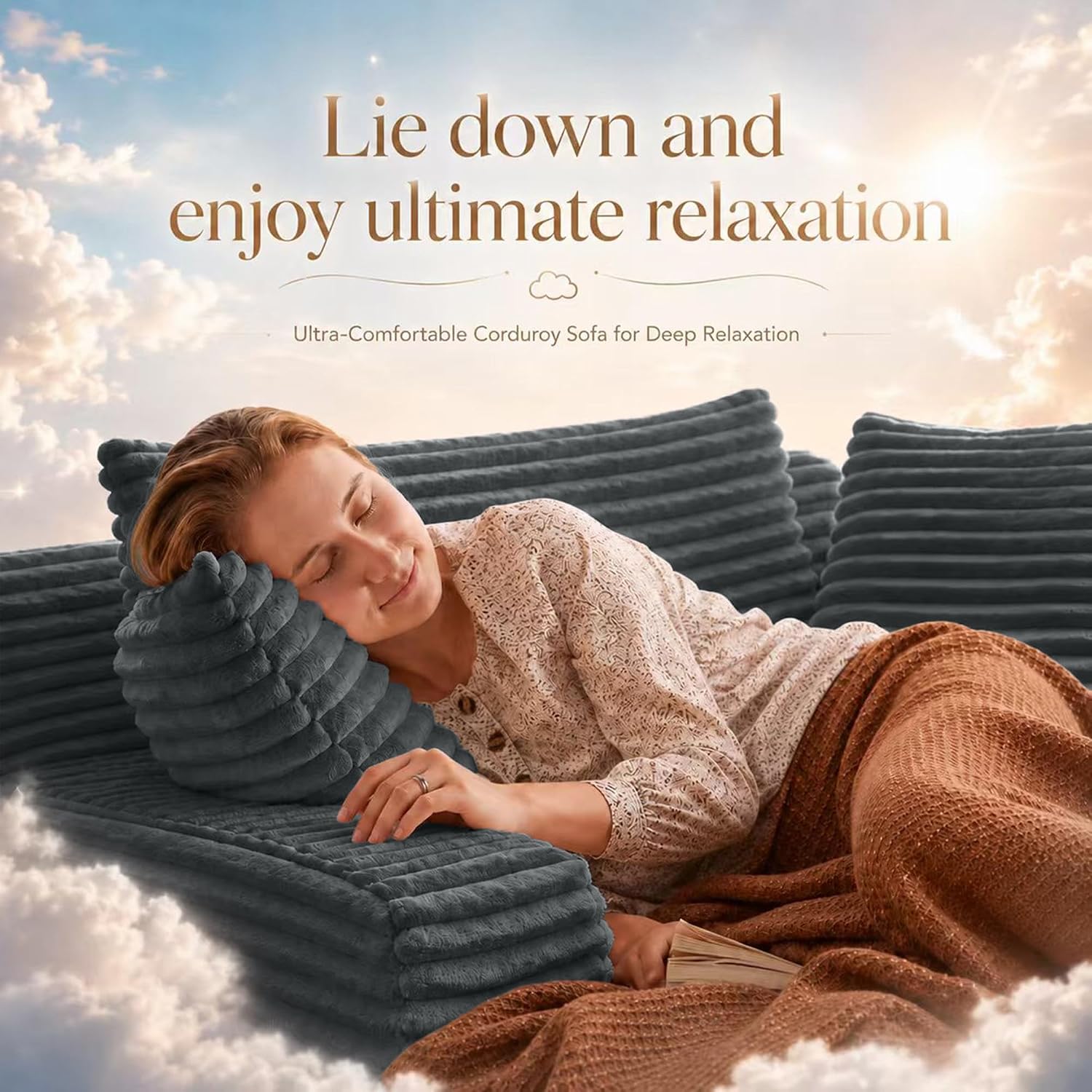 67" Chaise Lounge Chair Indoor, Corduroy Upholstered Reading Chair Oversized Boneless Chair with Deep Seat, Cloud Lounge Chair with 3 Pillows for Living Room, Bedroom, No Assembly Required
