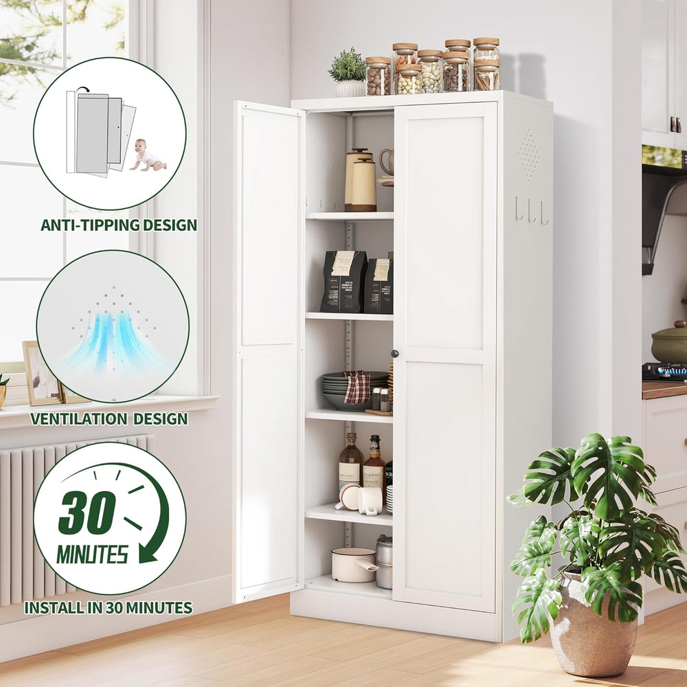 Kitchen Pantry Cabinet,White Metal Pantry Cabinet with 2 Doors & 4 Adjust...