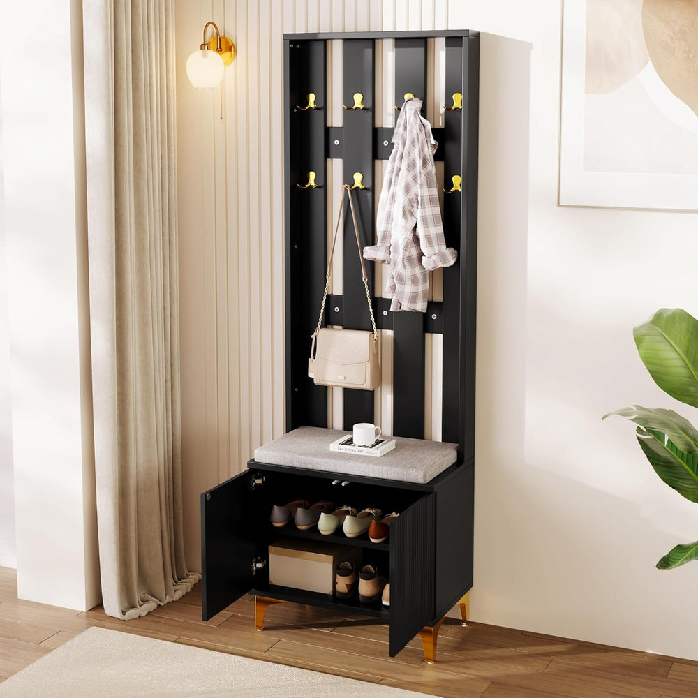 Stylish Multifunctional Entryway Wardrobe Set Black Shoe Bench with Hooks Pus...