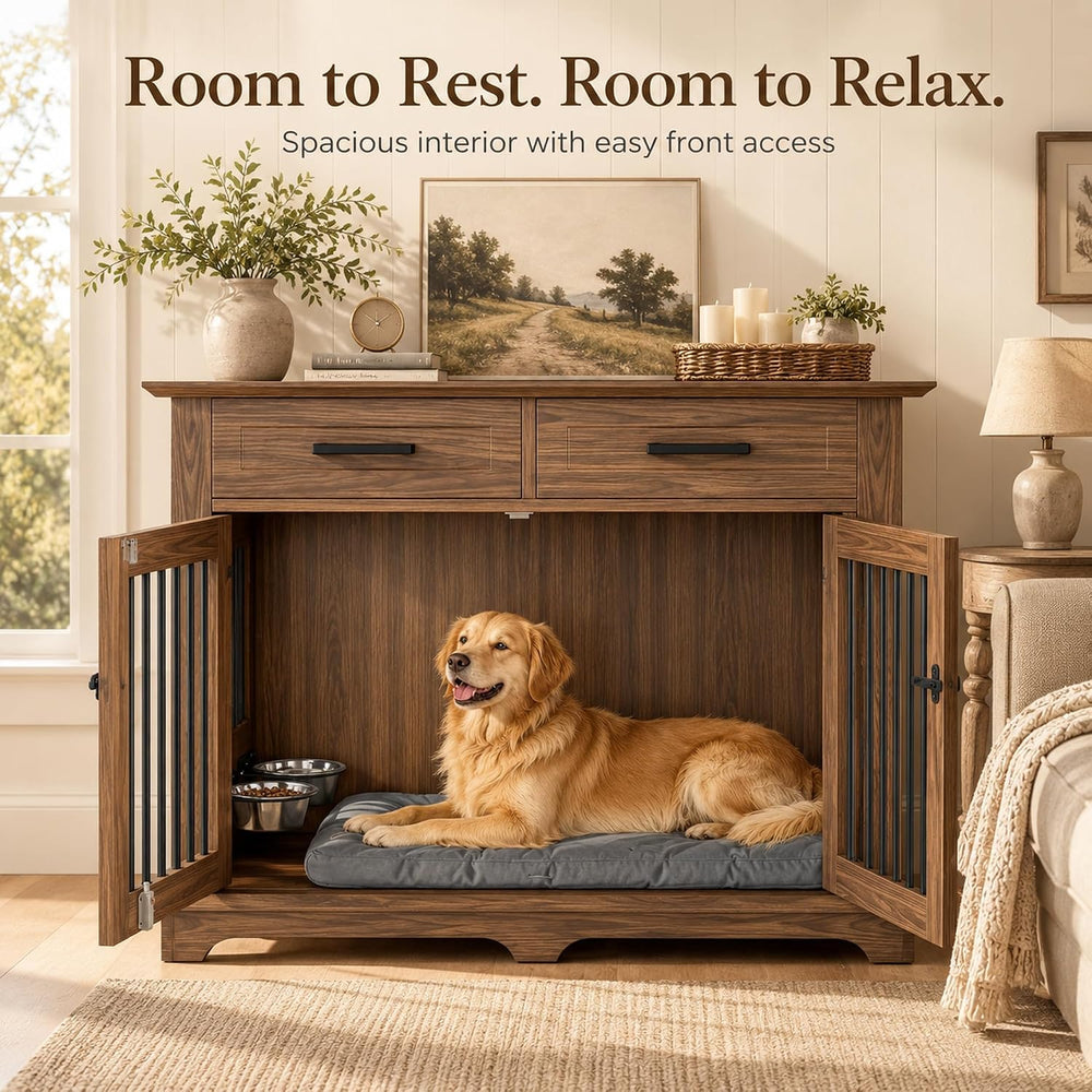 44.48" Large Dog Crate Furniture End Table (Brown) | 2 Storage Drawers, ...