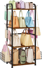 4-Tier Purse Organizer for Closet with 3 Side Hooks and 2 Baskets, High Capacity Purse Rack Stand for Purse Storage, Metal & Wood Handbag Holder for Handbag Organizer, Patent Pending