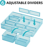 Marbrasse 3 Packs Desk Drawer Organizers, Metal Mesh Dividers with 9 Adjustable Compartments, Pen Organizer for Drawer Tray Box Accessories for Desktop,Kitchen, Makeup(Blue)