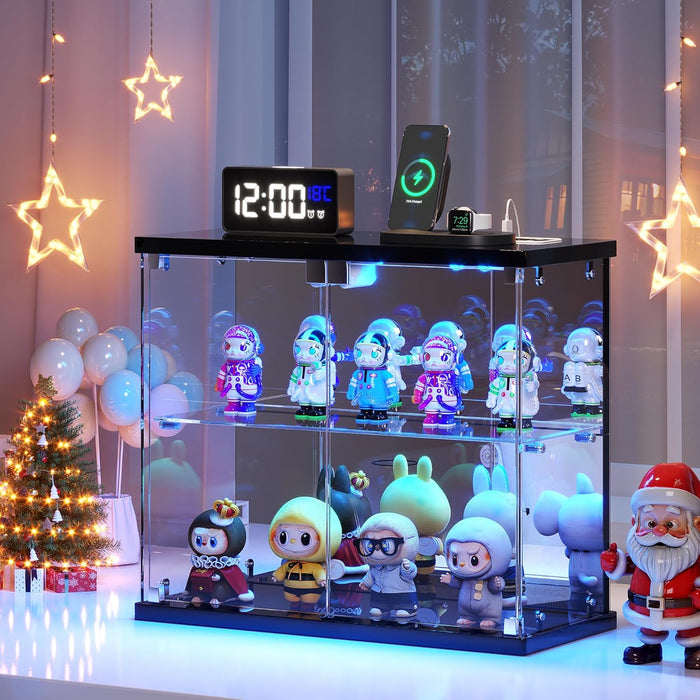 Dystler Lighted Clear Glass Display Case - for Figures & Collectibles, Small 2-Tier Display Cabinet with Charging Station, LED Display Box with Lights & Human Sensor, for Model Car, Perfume, Black