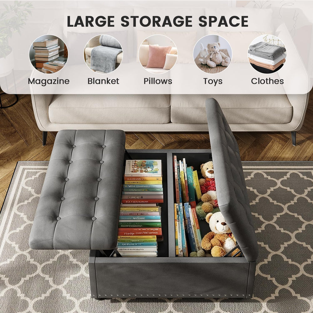 FUXA 35" Large Square Ottoman with Storage and Lift Top, Wood Legs, Gray...