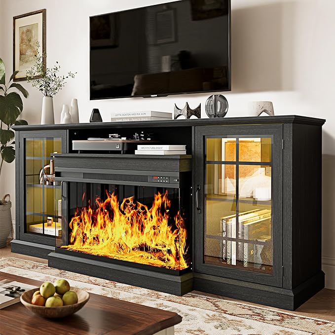 MXV 70'' Fireplace TV Stand, Farmhouse Entertainment Center with 3 Sided Glass TV Stand, Modern Media Console Table with Storage Drawers & Cabinets with LED Flame and Lights for Living Room, Black