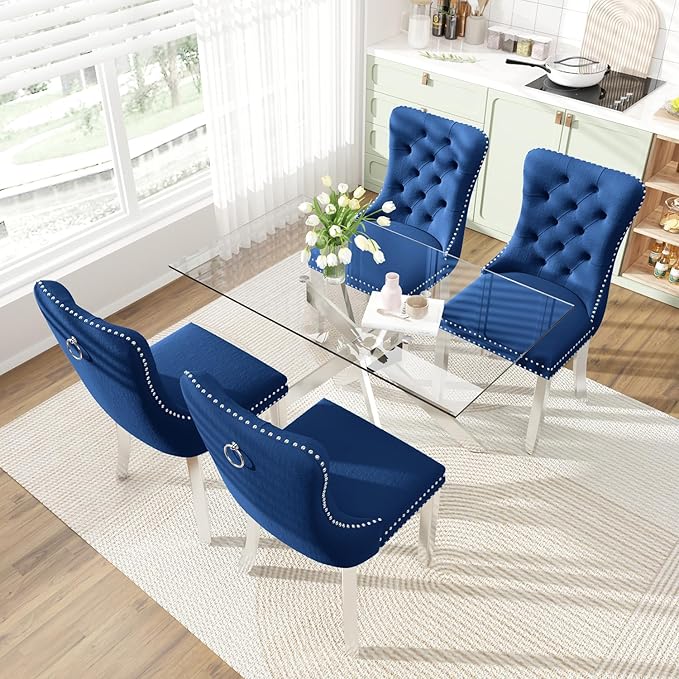 51 Inch Glass Dining Table Set for 4, Rectangular Glass Kitchen Table with 4 Upholstered Velvet Accent Chairs, 5 Piece Modern Dining Room Set, for Home, Apartment, Small Spaces - Blue Silver