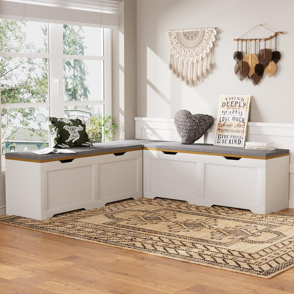 3-Piece L-Shape Storage Bench Set with Cushion, Kitchen Dining Nook Bench wit...