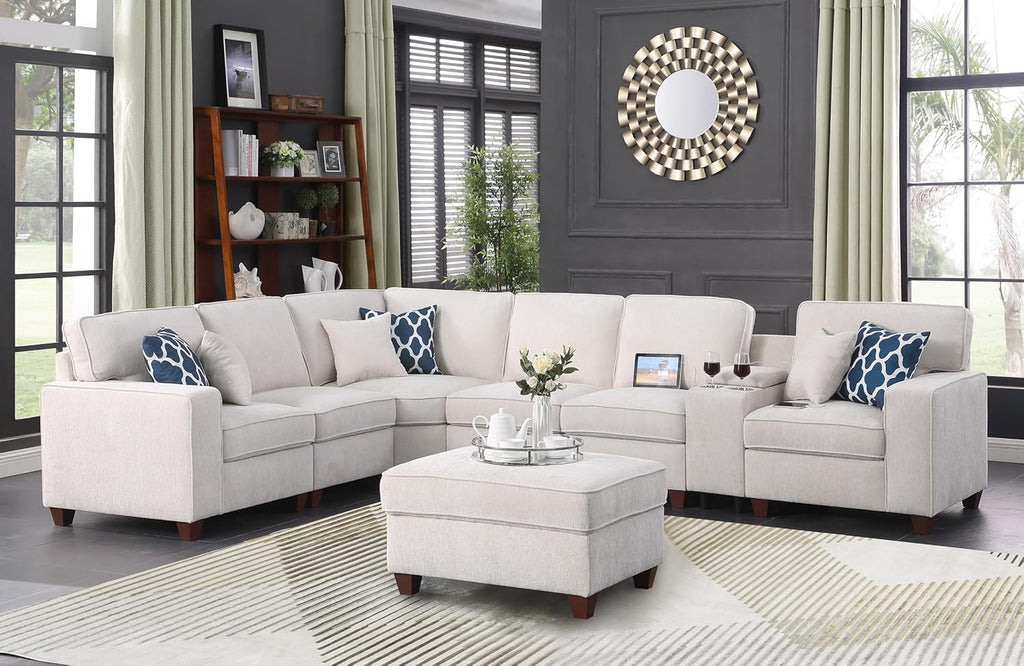 Ball & Cast 127" L-Shaped Sectional Couches for Living Room with Movable Ottoman,2 Cup Holders & USB Ports,7 Seat Chenille Upholstered Sofa W/6 Throw Pillows & Hidden Storage Box,DIY Combination,Beige