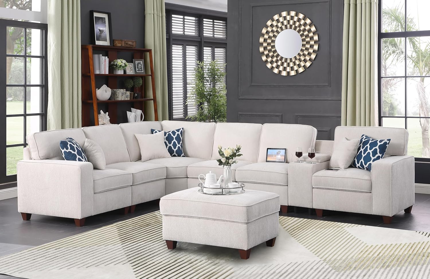 Ball & Cast 127" L-Shaped Sectional Couches for Living Room with Movable Ottoman,2 Cup Holders & USB Ports,7 Seat Chenille Upholstered Sofa W/6 Throw Pillows & Hidden Storage Box,DIY Combination,Beige