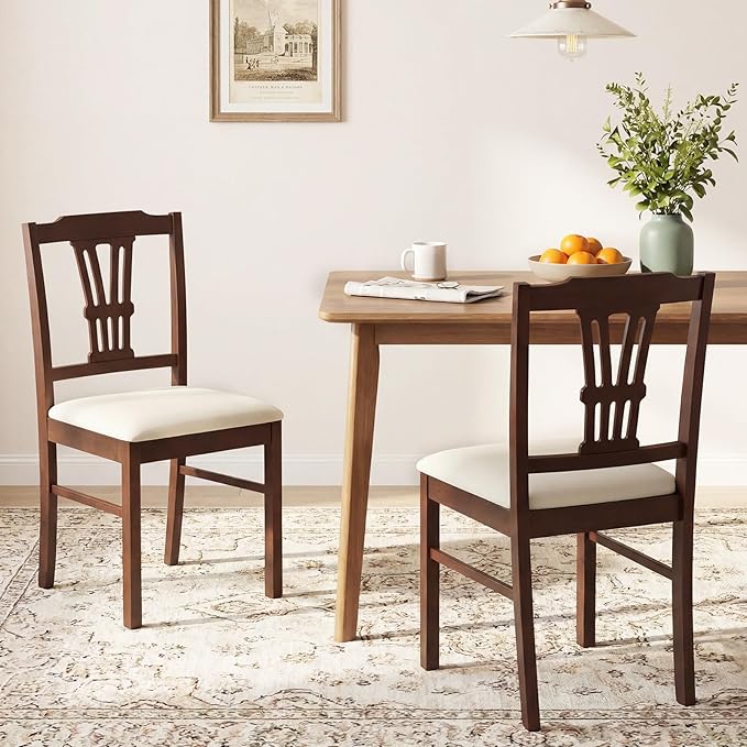 Giantex Wooden Dining Chairs Set of 4, Upholstered Kitchen Chairs with Solid Rubber Wood Frame, Hollowed Backrest & Soft Padded Seat, Armless Dining Chairs for Kitchen, Dining Room, Brown & Beige