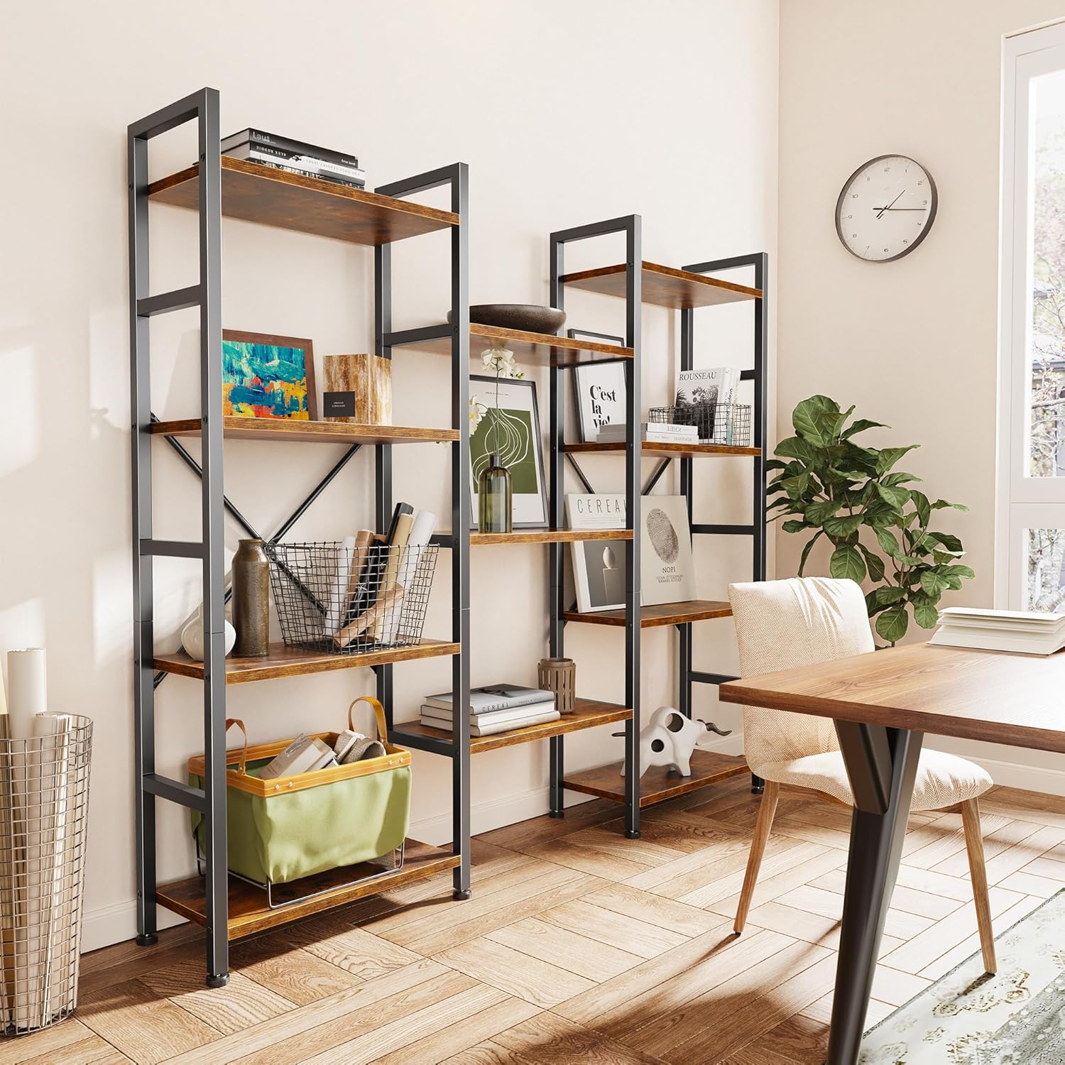 SUPERJARE Triple Bookshelf, Bookcase with 11 Open Display Shelves, Wide Book Shelf Book Case for Home & Office, 4 Tier, Brown