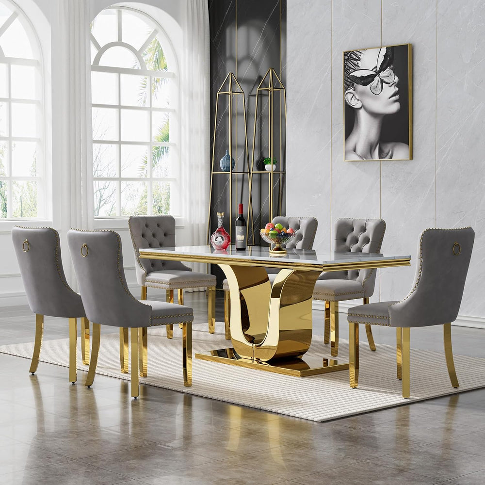 SSLine 68'' Marble Dining Table,Luxury Rectangular Kitchen Dining Roo...