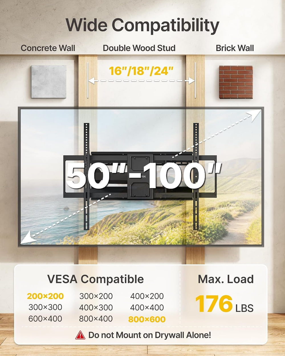 monTEK XL 40” Long Arm TV Wall Mount for 50-100 inch TVs up to 176 lbs | ±90°...