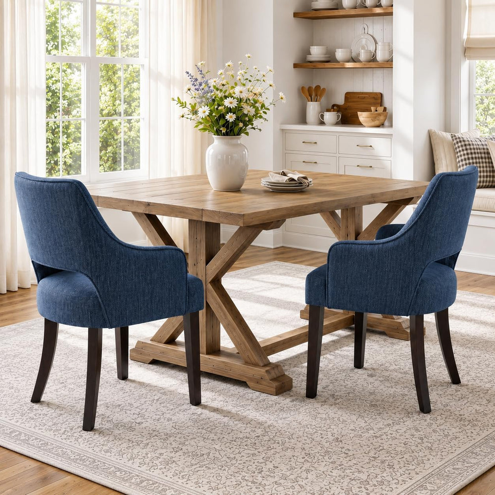 chairus Farmhouse Dining Chairs Set of 2 with Arms, Blue Linen Upholstered Di...