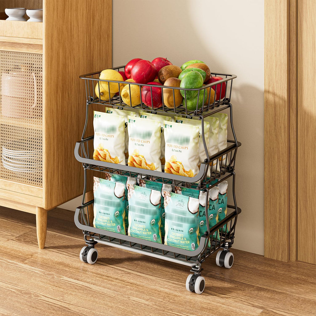 3 Tire Rolling Pantry Organizers and Storage Cart on Wheels | Metal Frame, Under Pantry Cabinet, Drip Tray, Storage for Snack, Potato, Onion, Produce, Can, Drink, Fruit and Vegetable