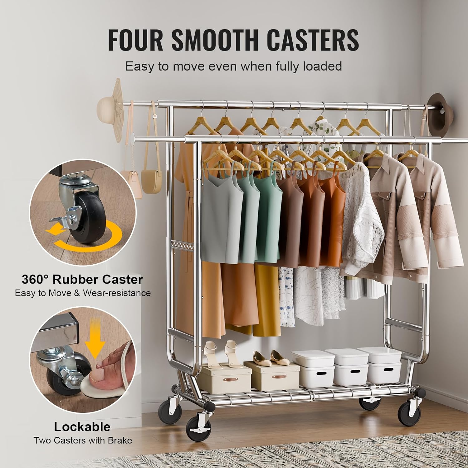 VEVOR Clothes Rack, Rolling Clothing Garment Rack, Extendable Carbon Steel Clothing Racks with Wheels for Bedroom, Laundry, Living Room