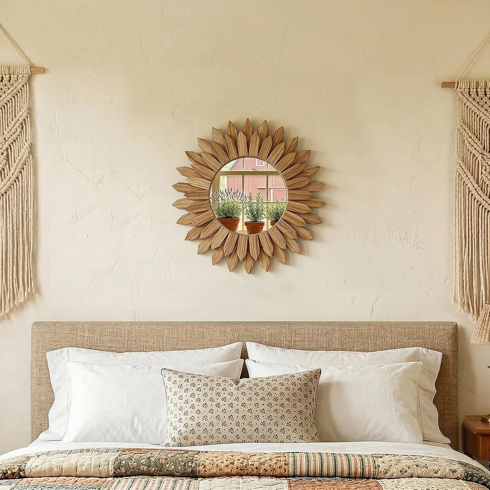 20" Round Sunburst Wooden Mirror Boho Rustic Wall Decor