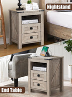 T4TREAM 18" Nightstand Set of 2 with Charging Station, Light Rustic Oak | Farmhouse, Rustic End Table, Open Shelf, 2 Drawers, Living Room, Side Table, Wood Bedside Table, Unique Corner Accent