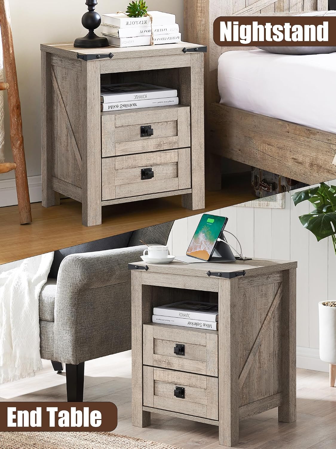 T4TREAM 18" Nightstand Set of 2 with Charging Station, Light Rustic Oak | Farmhouse, Rustic End Table, Open Shelf, 2 Drawers, Living Room, Side Table, Wood Bedside Table, Unique Corner Accent