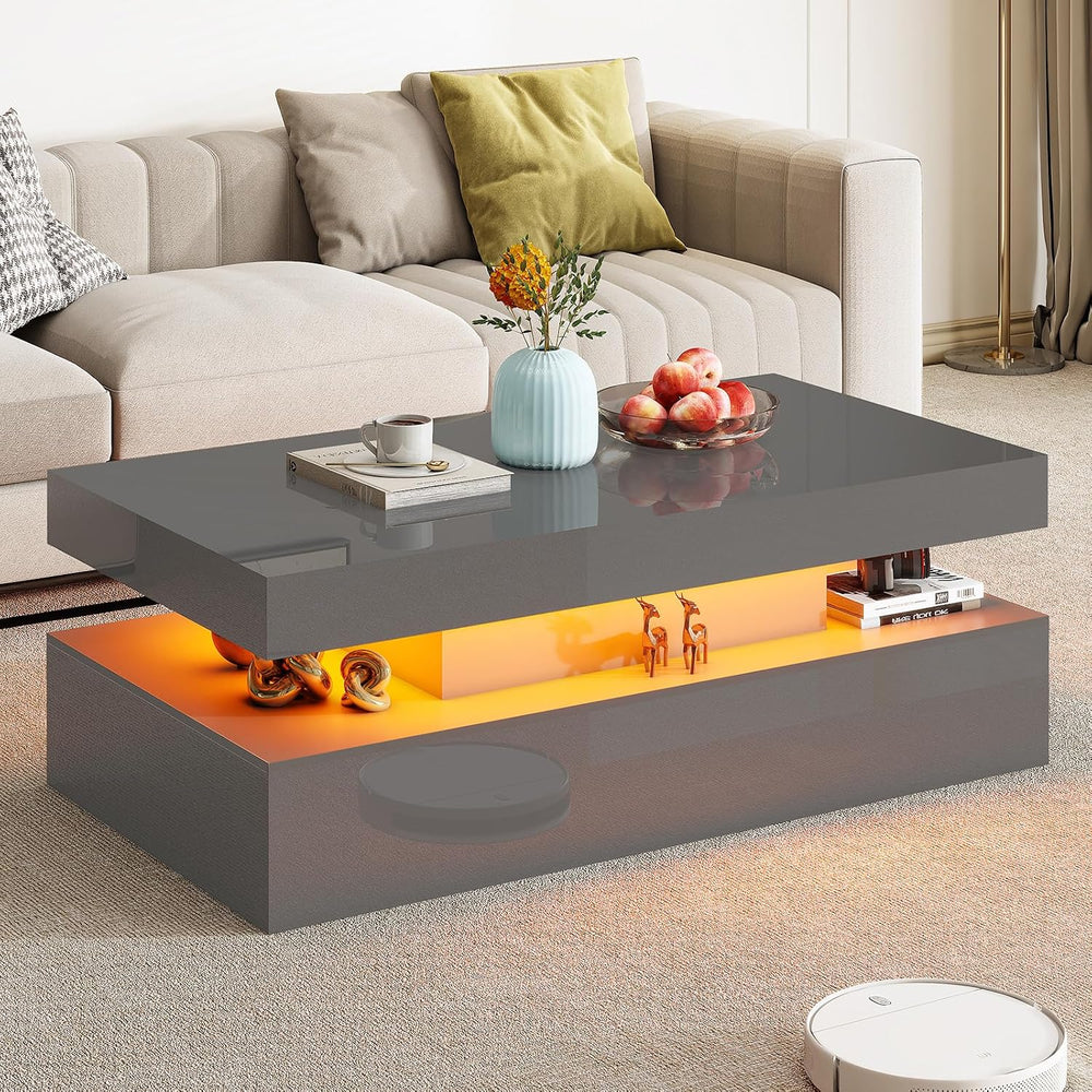 AMERLIFE 40" High Gloss LED Coffee Table with 2-Tier Storage