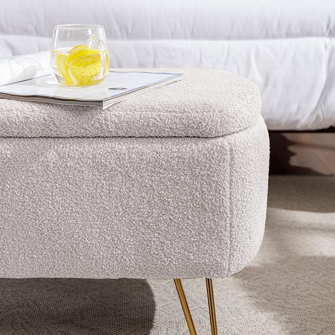 Storage Ottoman for End of Bed with Gold Legs, Modern Faux Fur Entryway Bench,for Living Room，Bedroom，End of Bed,Ivory White