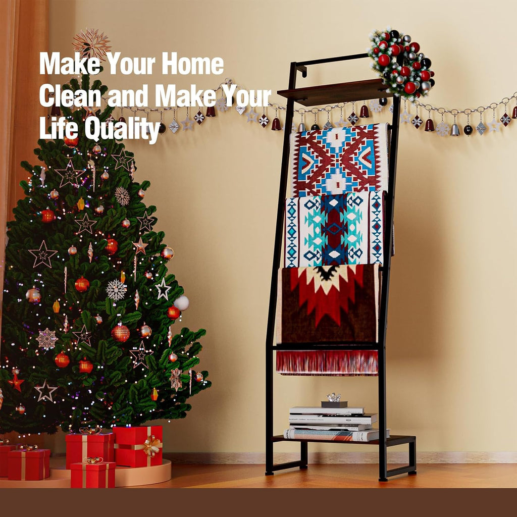 Nuoex Blanket Ladder with Shelf, 6 Layer Wall-Leaning Blanket Rack, Farmhouse Blanket Shelf for Storage and Home Decor, Freestanding Rack for Bathroom, Rustic Brown and Black