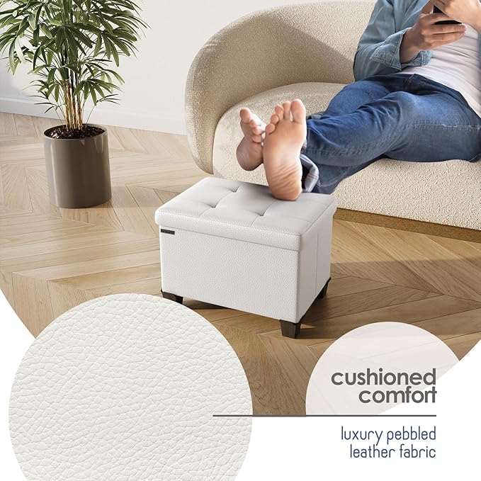 STORAGEBUD Storage Ottoman Cube with Small Bin, 16-in Square Ottoman with Storage for Living Room and Bedroom, Small Ottomans Foot Rest, Faux Leather Foot Stools Ottomans Max 330lbs, Cream