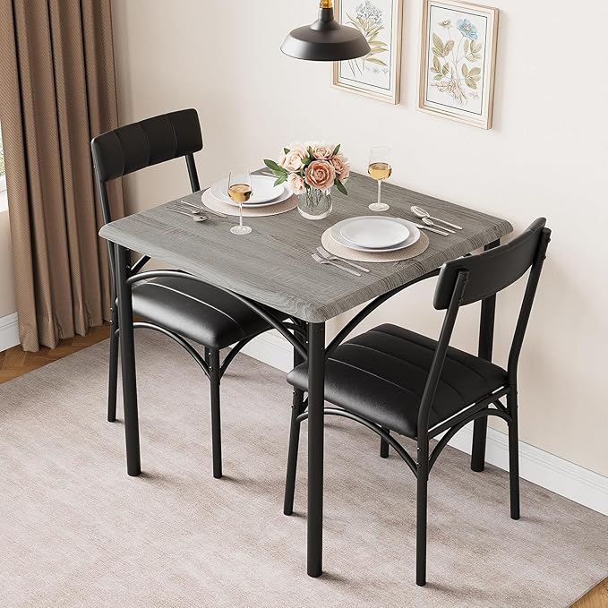 2-Person Dining Table Set (3 Pieces) - Square Kitchen Table with Upholstered Chairs | Ideal Small Space Dining Set for Apartments, Studios | Compact Kitchen Dining Set for 2 Adults/Kids