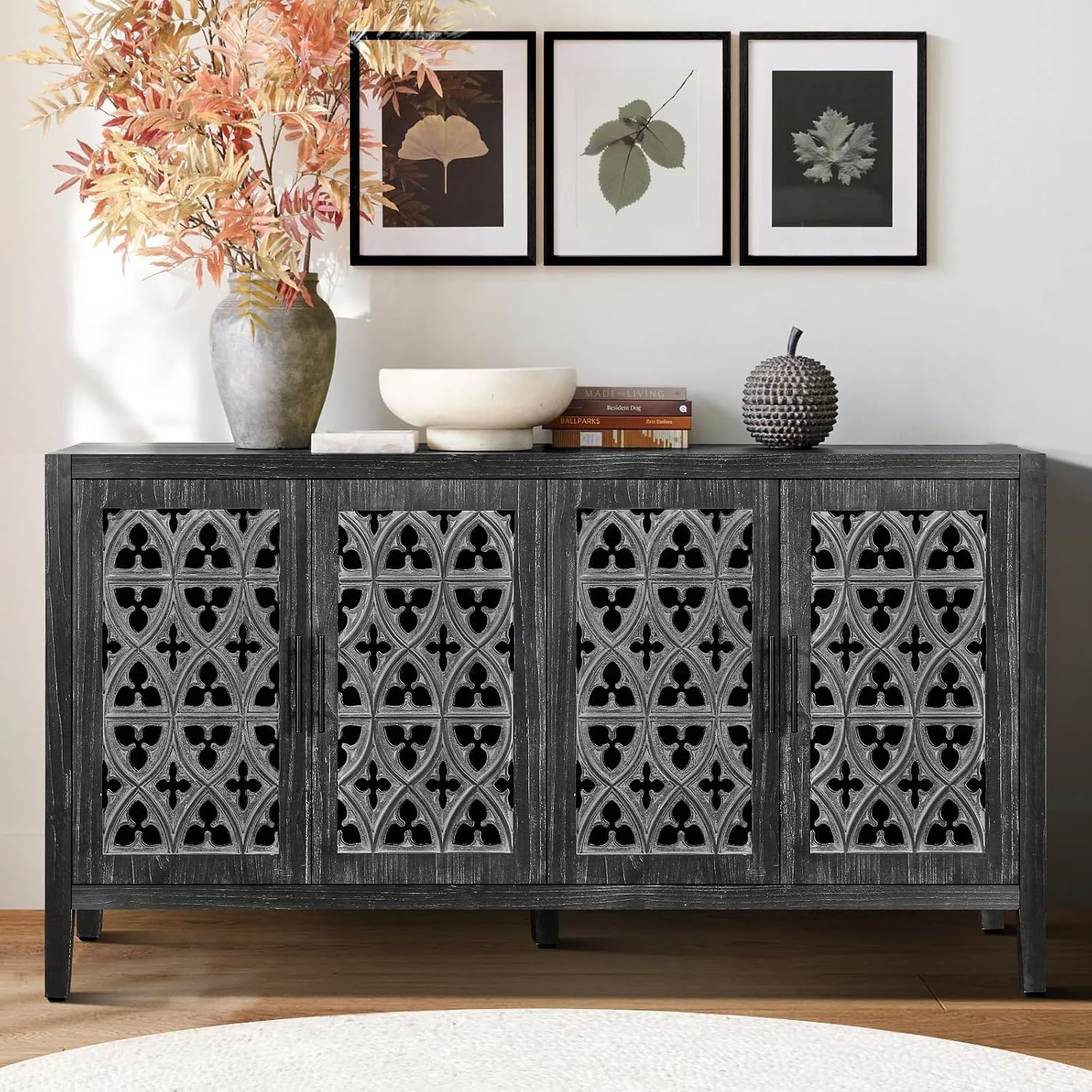Buffet Sideboard Credenzas for Living Room, 60" Entryway Table with Storage Accent Cabinet, Hollow Carved Doors, Antique Black