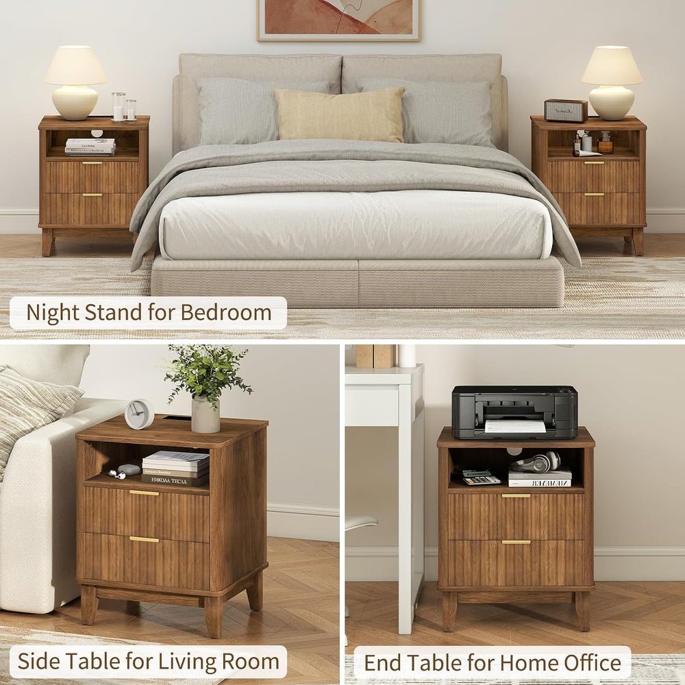 Night Stand Set of 2 with Charger Station, Fluted Nightstand with Drawers and...