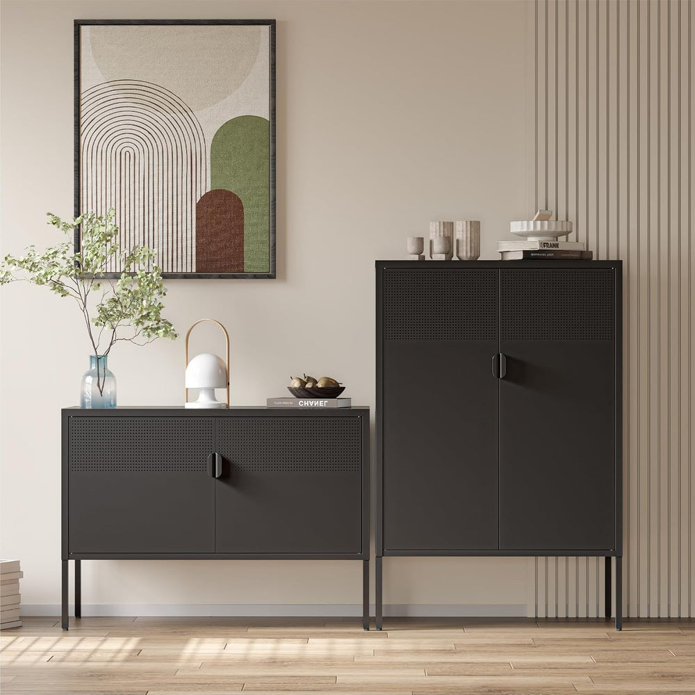 COFaR Black Metal Cabinet with Adjustable Shelves, 47”H Industrial Buffet Sid...