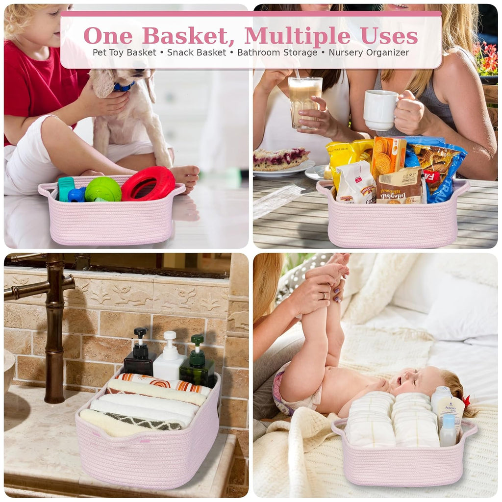 XUANGUO Medium Woven Cotton Rope Storage Basket with Handles, Light Pink | Small decorative rectangle storage bin for baby nursery items and cat toys; ideal as an empty gift basket or dog toy basket