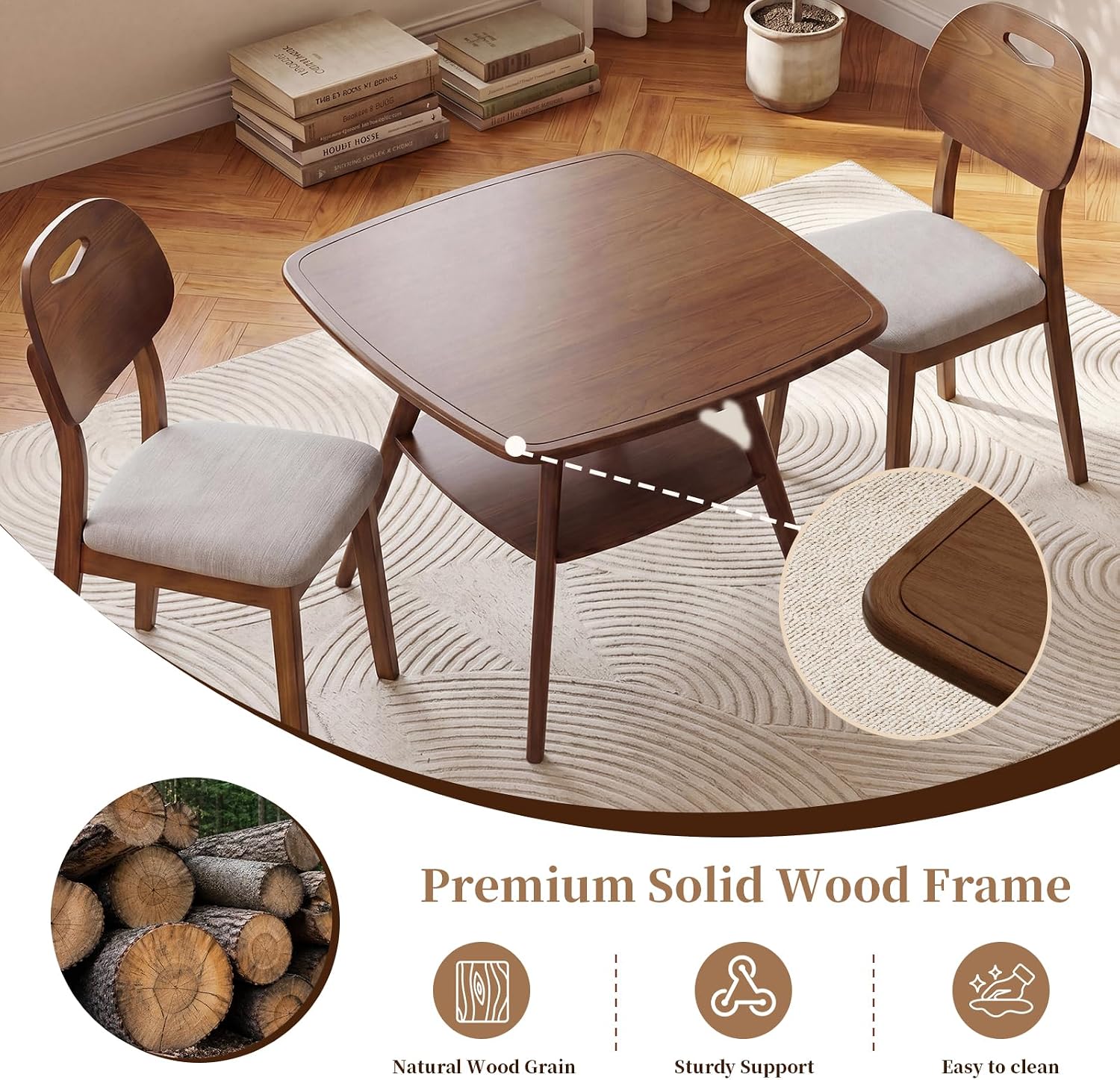 LKTART Dining Table Set for 2, Square Solid Wood Dining Table with 2 Grey PU Dining Chairs, Soild Wood Table Chairs Set of 2 for Small Spaces, Dining Room, Kitchen, Walnut