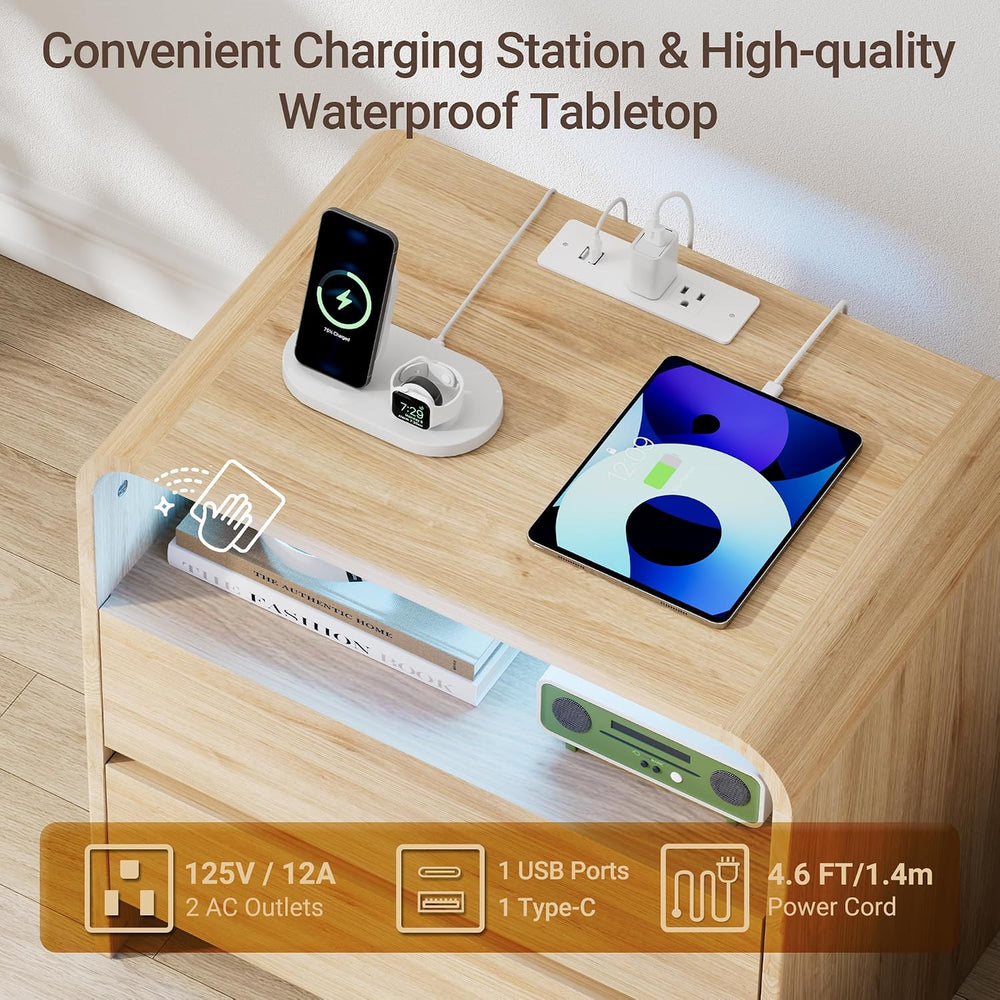 23"W 2 Drawer Nightstand with Charging Station and RGB LED Light | Curve...