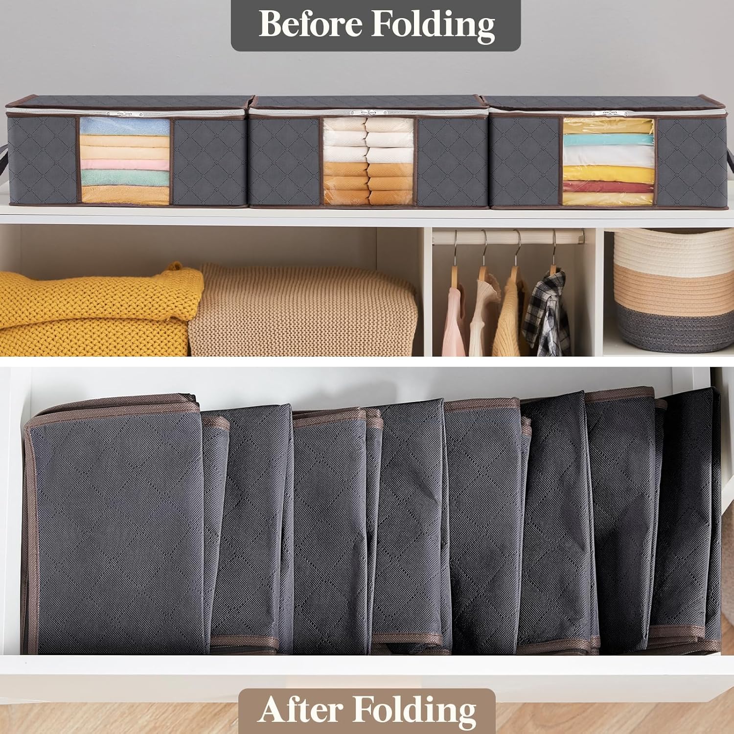 Lifewit 3 Pack Clothes Storage Bag, Foldable Storage Bin Closet Organizer with Reinforced Handle, Sturdy Fabric Blanket Storage with Clear Window, Storage Containers for Clothing, Bedding, Gray