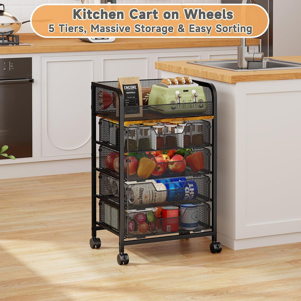 5-Tier Rolling Kitchen Cart with Drawers - Kitchen Storage Cart on Wheels,Pantry Snack Cart,Fruit and Vegetable Storage Cart with Wood Top,Rolling Utility Cart for Potato and Onion Storage