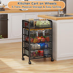 5-Tier Rolling Kitchen Cart with Drawers - Kitchen Storage Cart on Wheels,Pantry Snack Cart,Fruit and Vegetable Storage Cart with Wood Top,Rolling Utility Cart for Potato and Onion Storage