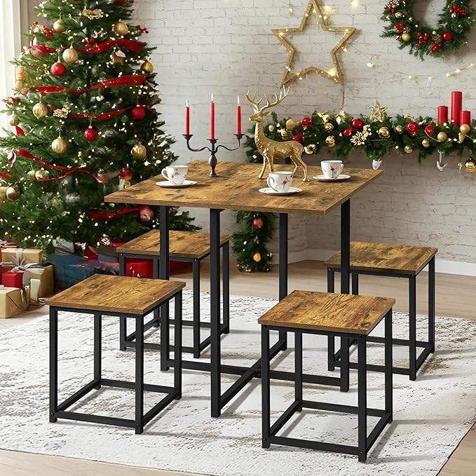 Yaheetech Industrial Dining Table Set for 4 Compact Kitchen Table and 4 Stools Space Saving Home Furniture for Small Space, Rustic Brown