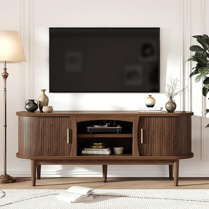 Mid Century TV Stand for TVs up to 65 Inches, Entertainment Center with Storage, Power Outlet, Fluted Sliding Doors & Adjustable Shelves, Modern Media TV Console Table for Living Room (Walnut)