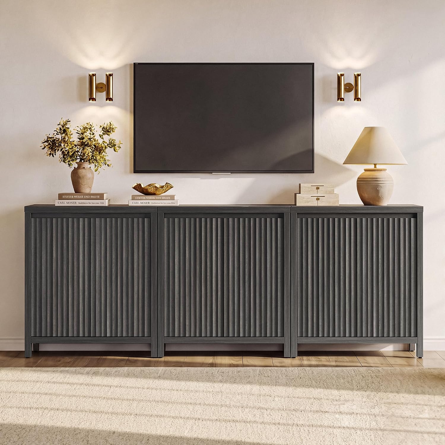 SICOTAS Sideboard Buffet Cabinet with Storage, Fluted Credenza Buffet Table | Console Cabinet with Adjustable Shelves, Modern Coffee Bar Storage Cabinet for Kitchen, Living Room, Black Oak, 2 PCS