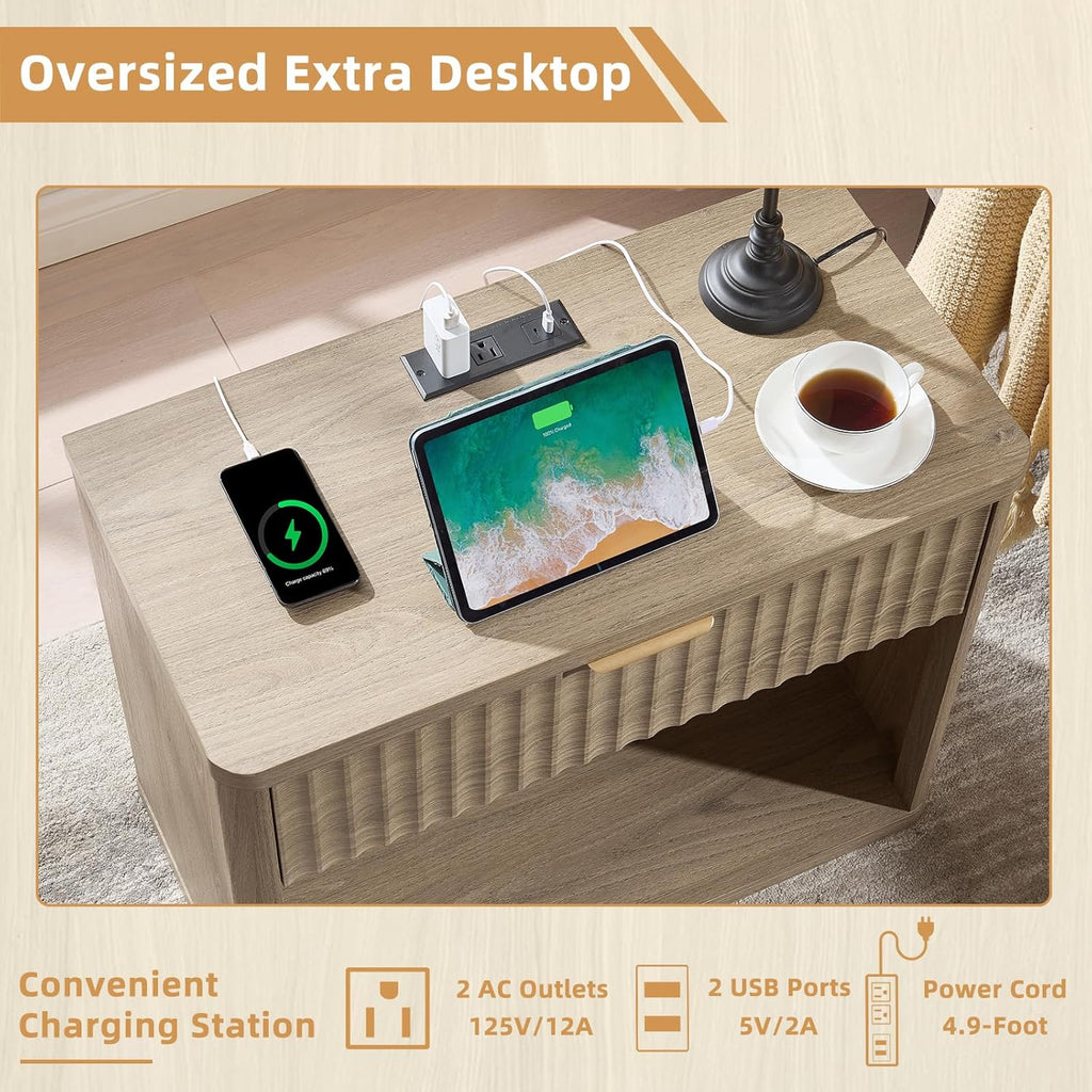 LEYAOYAO 31" Wide Fluted Nightstand Set of 2 with Charging Station, Oversized Extra Large 1 Drawer Night Stand with Golden Handle, Grey Wood Bedside Table Tall End Tables,for Bedroom, Living Room
