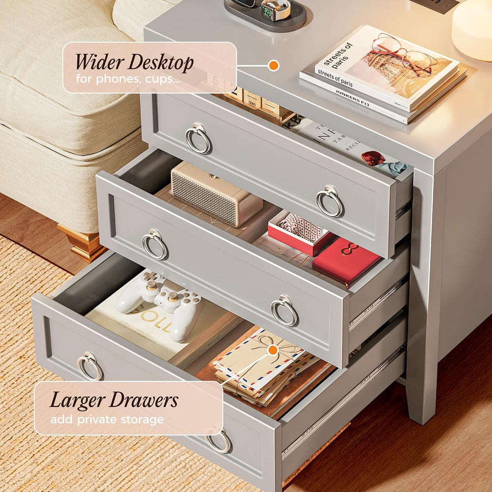 Huuger Paint Night Stand with Charger Station, 3 Drawer Nightstand Set of 2